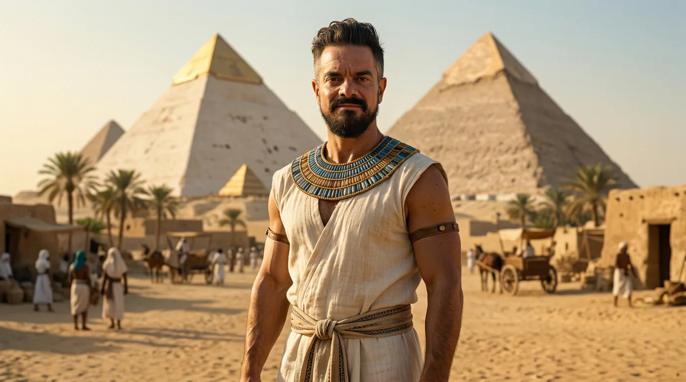 JJ Priego vestido de egipcio frente a las pirámides de Guiza.